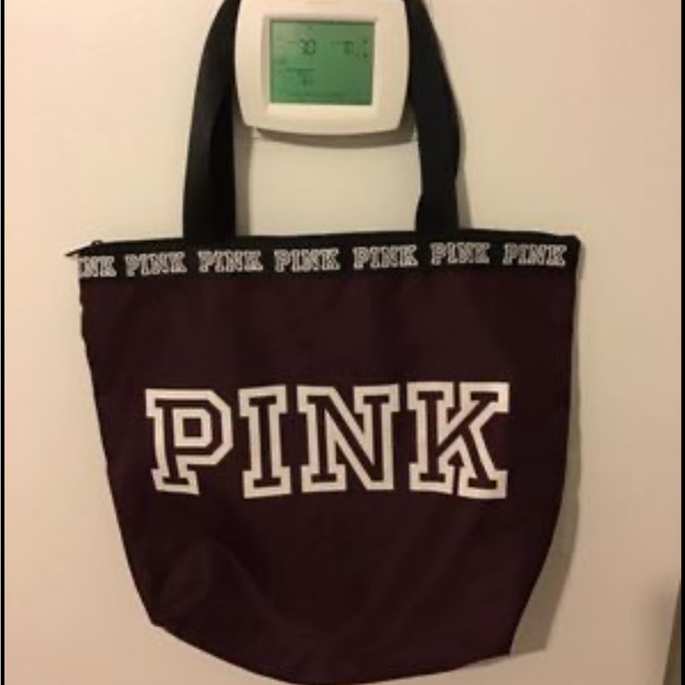 Victoria’s Secret Pink Tote Bag Burgundy Black Zip Closure Large Shoulder Straps